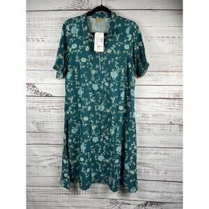 Aurelia Floral Shirt Dress Women's SZ L Teal Green Collared Short Sleeve Viscose